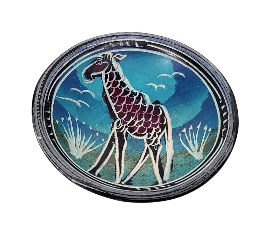 African Art Carved Soapstone Small Bowl Giraffe Scene Trinket Dish 3" CL58